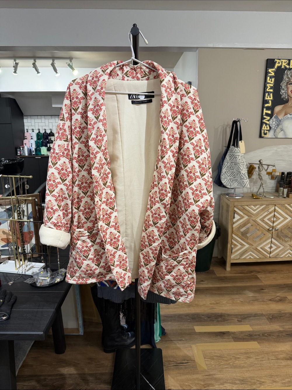 Zara Cream and Red Quilted Floral Open Cardigan